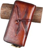 Slim Bifold Leather Wallets for Women Embossed Dragonfly Handmade Leather Wallet Cellphone Clutch Holder Purse (Brown)