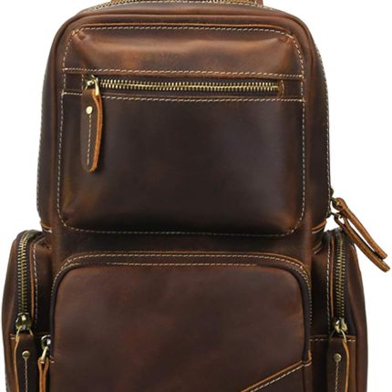 Vintage Full Grain Leather Chest Sling Bag Fits 10.5 iPad Crossbody Single Strap Backpack for Men