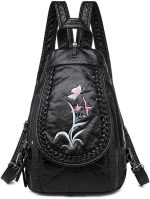 Vintage Embroidered Women Backpacks Soft PU Leather Backpack Purse Small Female Travel Bag Black Chest Packs (Orchid)