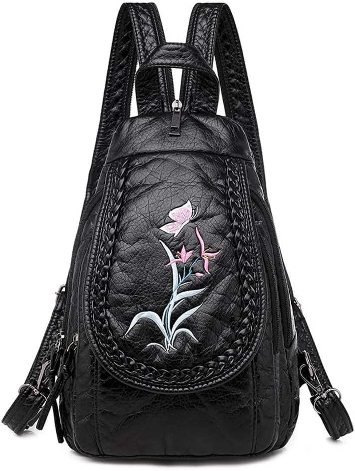 61KsEZwPDSL._AC_SL1000_.jpg Vintage Embroidered Women Backpacks Soft PU Leather Backpack Purse Small Female Travel Bag Black Chest Packs (Orchid) - Image 1