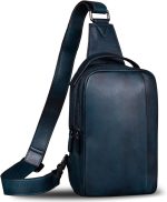 Genuine Leather Sling Bag for Men and Women Vintage Real Leather Sling Backpack Shoulder Crossbody Bag Chest Bag (Blue)