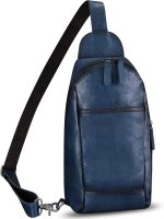 Genuine Leather Sling Bag Handmade Retro Crossbody Sling Backpack Purse Chest Shoulder Hiking Daypack Fanny Pack (Blue)