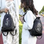 Vintage Embroidered Women Backpacks Soft PU Leather Backpack Purse Small Female Travel Bag Black Chest Packs (Orchid) - Image 2