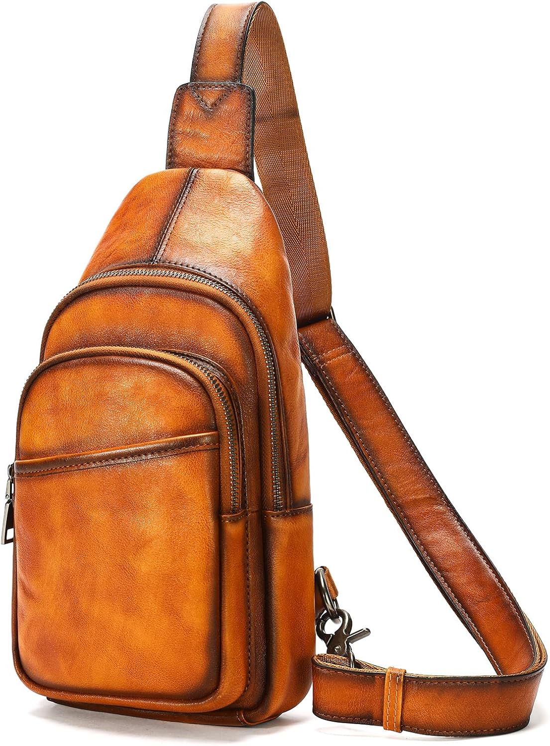 Genuine Leather Sling Bag, Vintage Handmade Leather Crossbody Bags 4 Zipper Pockets Travel One Shoulder Backpack Brown