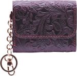Handmade Keychain Wristlet Wallets for Women, Western Floral Leather Small Credit Card Holder with Zipper, Minimalist & Cute Coin Pouch, Genuine Leather (Purple)
