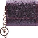 Handmade Keychain Wristlet Wallets for Women, Western Floral Leather Small Credit Card Holder with Zipper, Minimalist & Cute Coin Pouch, Genuine Leather (Purple)