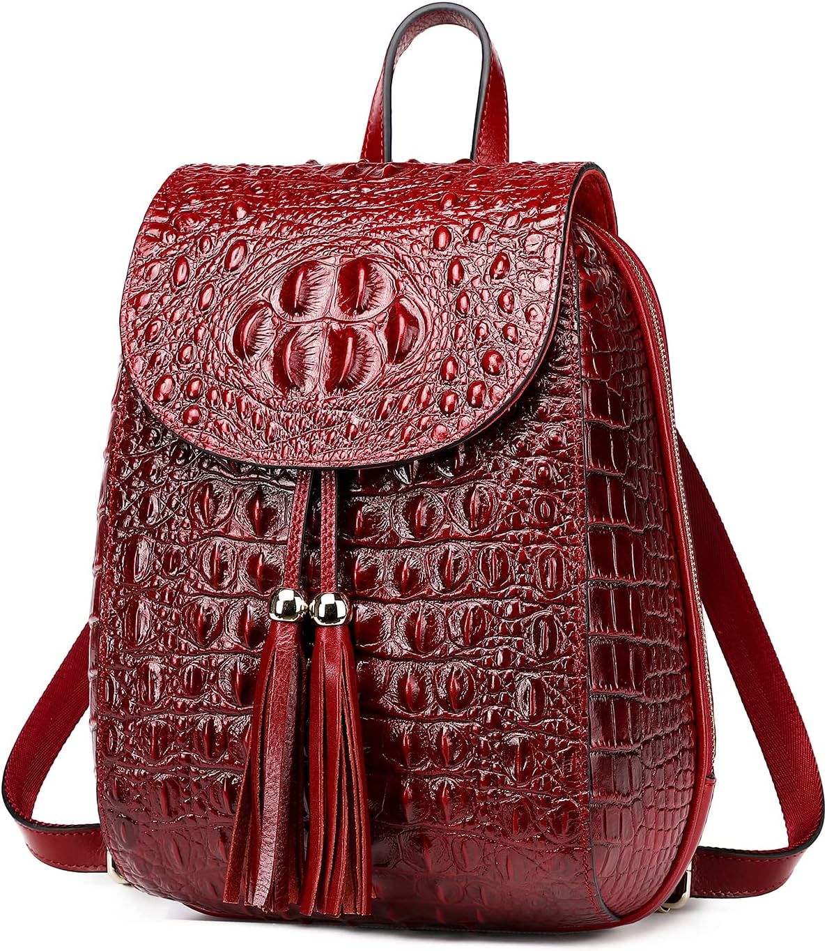 Women Small Genuine Leather Backpack Purse Crocodile Designer Bag (Wine Red)