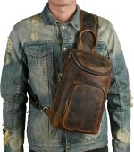 Thick Crazy horse Leather Triangle Crossbody Sling Chest Bag Travel One Shoulder Bag Daypack For Men Male - Image 2