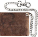 RFID Blocking Mens bi-fold Style Cowhide Leather Steel Chain Wallet, brown vintage leather
