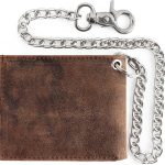 RFID Blocking Mens bi-fold Style Cowhide Leather Steel Chain Wallet, brown vintage leather